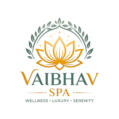 Vaibhav Spa logo with gold lotus, green leaf arch, and bold brand name on white background