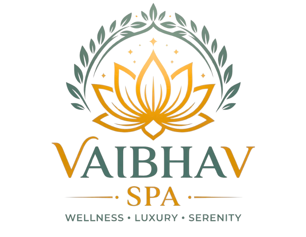 Vaibhav Spa logo with gold lotus, green leaf arch, and bold brand name on white background